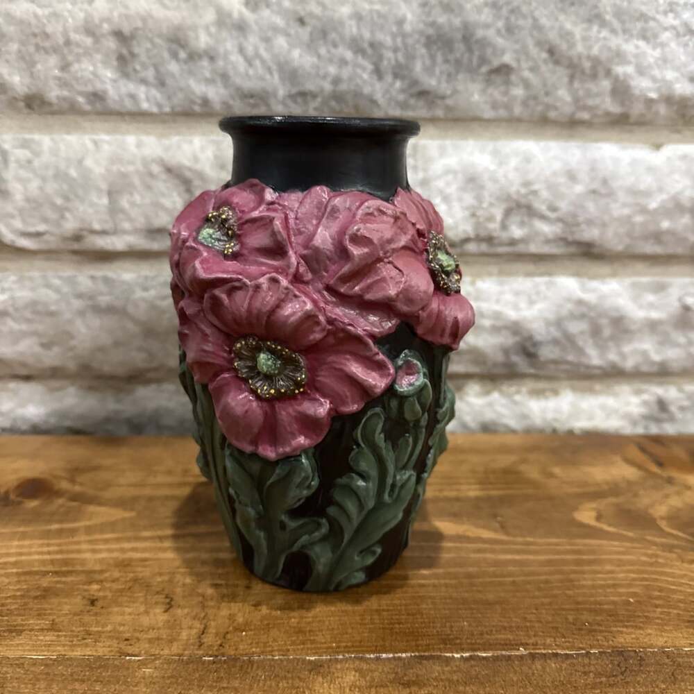 Vintage TIFFIN GLASS 1930s Art Nouveau Black Satin Glass Coralene Red Poppy Vase